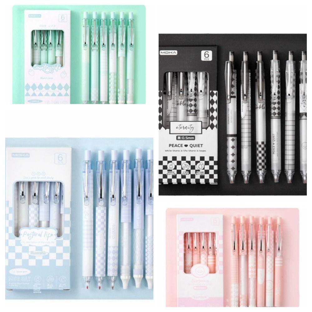 [Elegan] Check Press Gel Pen Set 6pcs /Set 0.5mm Kantor Sekolah Tinta Hitam Anak Bolpoin