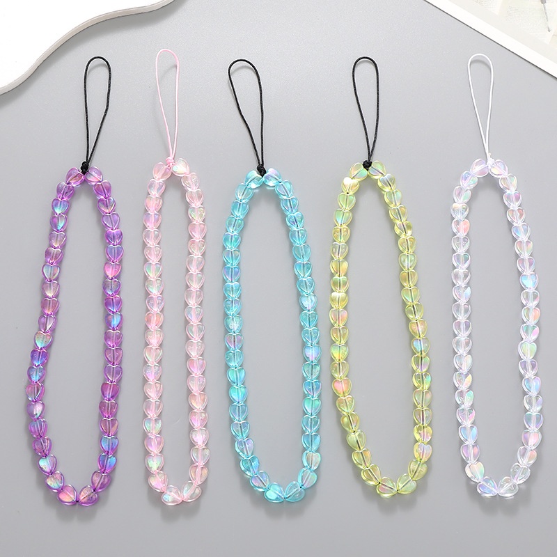 Warna Solid Mermaid Pearlescent Transparan Akrilik Cinta Hati Manik-Manik Rantai Anti-lost Phone Strap Universal Bluetooth Earphone Case Cover Untuk iPhone Untuk Samsung Untuk OPPO Untuk VIVO