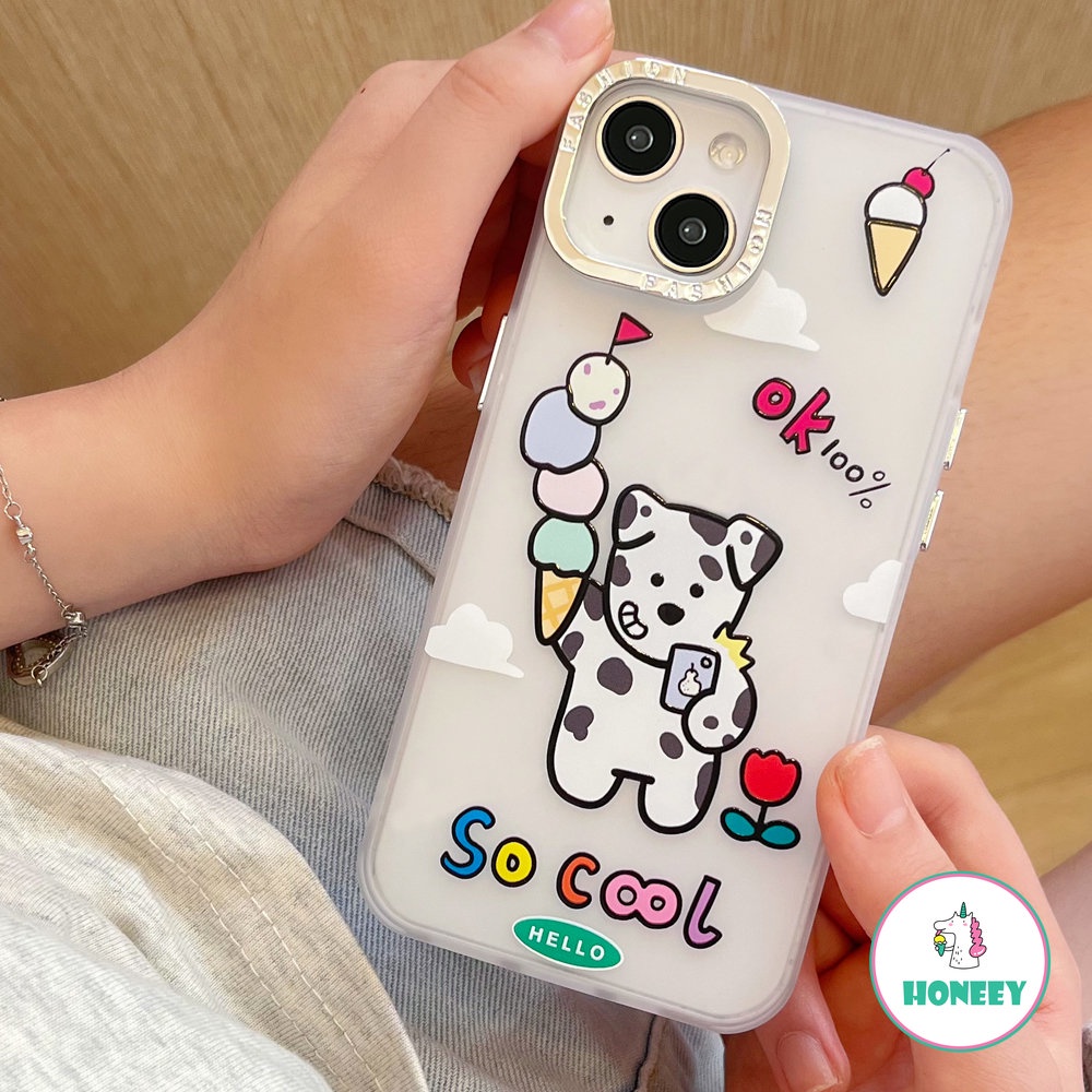 Casing Ponsel Kerucut Es Krim Anjing Bercak Keren Untuk iPhone 11 Pro Max12 13 14 Pro Max XR XS 7 8Plus Perlindungan Lensa Berlapis Bening Penutup Belakang