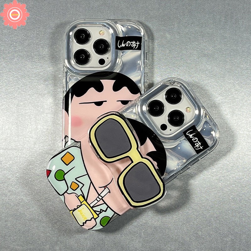 IPHONE Kacamata Hitam Keren Crayon Shin-Chan Casing Kartu Laser Mewah Kompatibel Untuk Iphone11 13 14 12 Pro MAX 7Plus XR 8 6 6S Plus X XS MAX SE 2020 Dazzle Color 3D Stereo Corrugation Soft Case