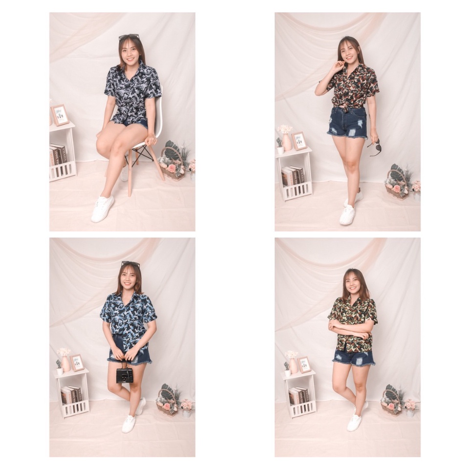 Atasan Blouse Wanita KEMEJA MYRIA ARMY Blouse Motif Army Kekinian Blouse Lengan Pendek Kemeja Lengan