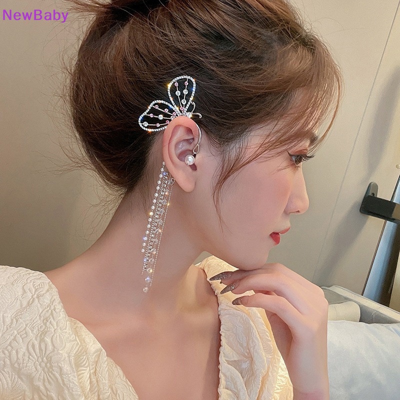 Newbaby Fashion Kristal Kupu-Kupu Klip On Anting-Anting Indah Zirkonium Telinga Manset Jumbai Panjang Kait Klip Pesona Berongga Anting Untuk Wanita Klip Perhiasan Hadiah ID