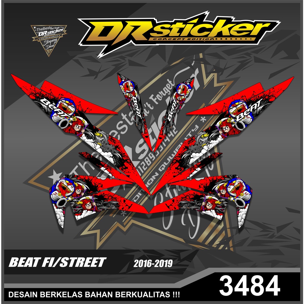 3484 Striping Beat Fi/street Lis Variasi Doraemon Stiker Motor Honda Beat Fi/Street 2016-2019 Semifu
