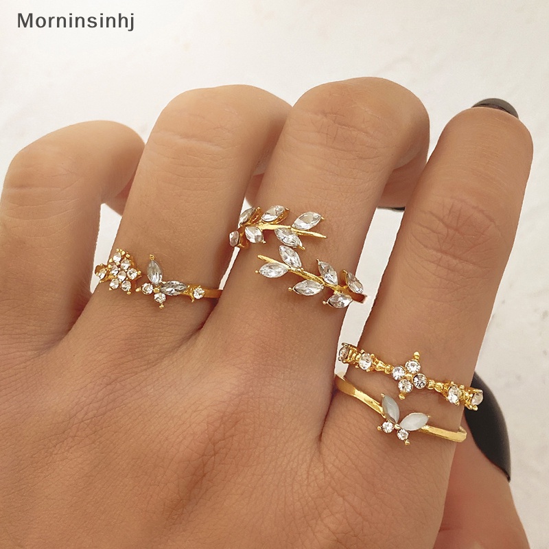 Mornin 4Pcs/Set Fashion Korea Temperamen Berlian Imitasi Memutar Daun Bunga Cincin Set Untuk Wanita Perhiasan Hadiah id