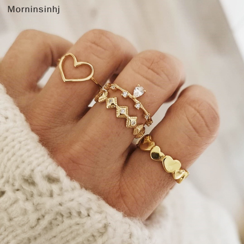 Mornin 4Pcs /Set Korea Fashion Temperamen Berlian Imitasi Geometri Jantung Cincin Set Untuk Wanita Perhiasan id