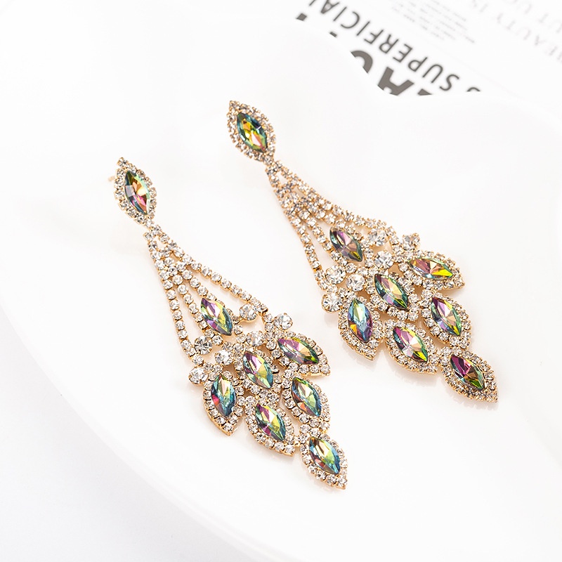 Fashion Pengantin Multicolor Anting Dengan Air Berlian Desain Daun Anting Pesta Bridesmaid Berlian Anting