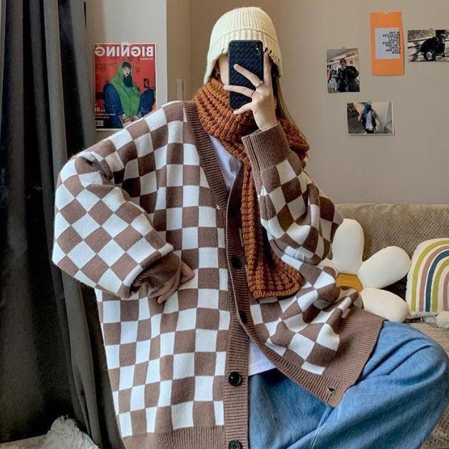 CHECKER OVERSIZED KNIT CARDIGAN WOMAN WINTER IMPORT KOREAN STYLE KARDIGAN RAJUT WANITA