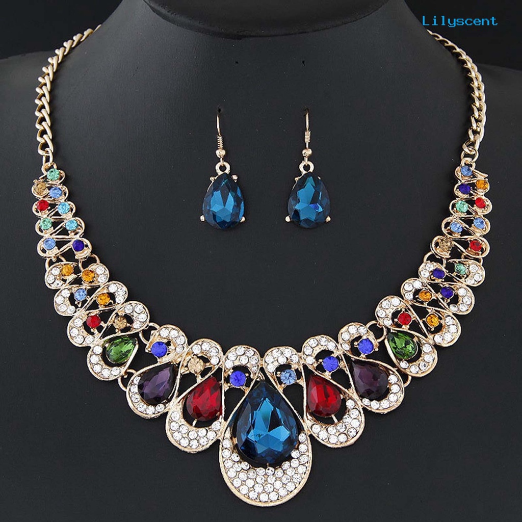 [LS]2Pcs/Set Berlebihan Mulia Indah Kalung Anting Multicolor Tetesan Air Imitasi Permata Liontin Kalung Anting Perhiasan Aksesori