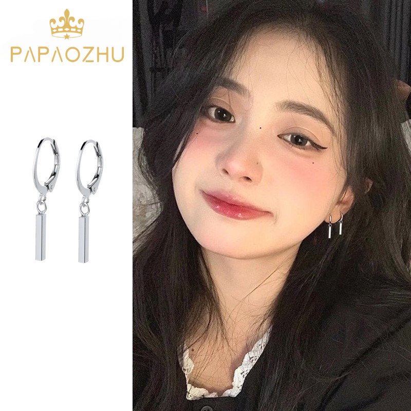 Papaozhu Korea s925 Perak Strip Hoop Anting-Anting Untuk Wanita Gadis Elegan Kecil Tongkat Menjuntai Anting-Anting Perhiasan Telinga Fashion