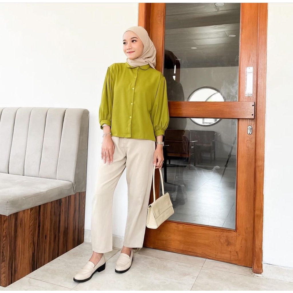 KEMEJA SHAKILA ELZA BLOUSE ATASANA BASIC BERKERAH KOREAN STYLE FORMAL CASUAL WANITA REMAJA LIME PUTIH HITAM TERAKOTA MINT MARON GREY TERBARU KEKINIAN HITS OOTD