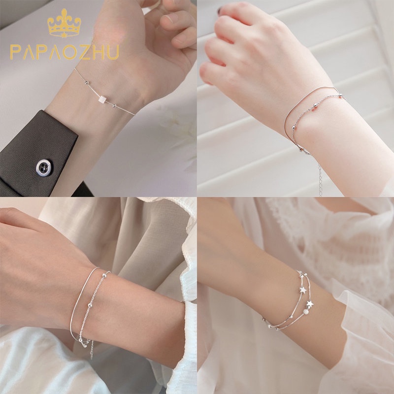 Papaozhu Chic Double Layer s925 Perak Bola Bintang Pesona Gelang Untuk Wanita Gadis Fashion Pinggang Rantai Gelang Perhiasan Aksesoris