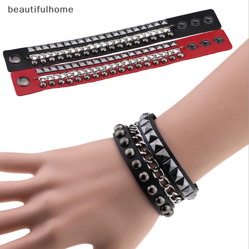 {beautifulhome} Multilayers Rivet Rantai Gothic Punk Manset Lebar Kulit Bangle Gelang Perhiasan.