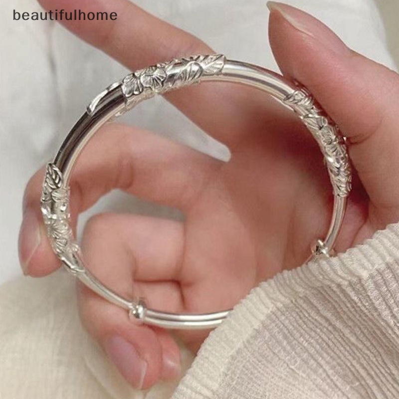 {beautifulhome} 1pc Perak Wanita Penuh-blown Bunga Gelang Halus Dan Ringan Terbuka Dapat Disesuaikan Gelang Padat Fashion Gelang Perhiasan Perak.