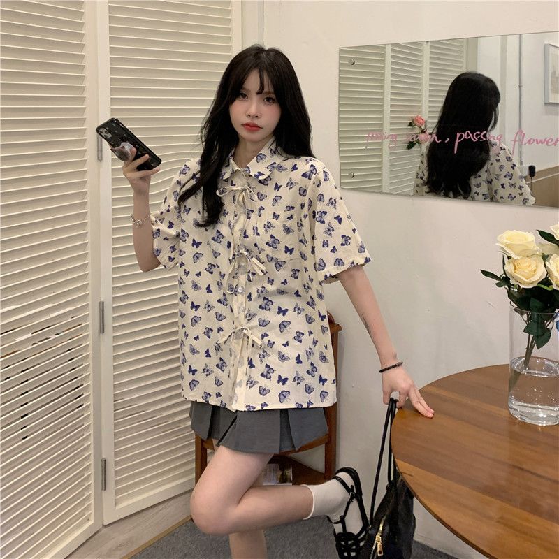 Kupu-Kupu Kemeja Import Wanita Lengan Pendek Bertali Casual Blouse