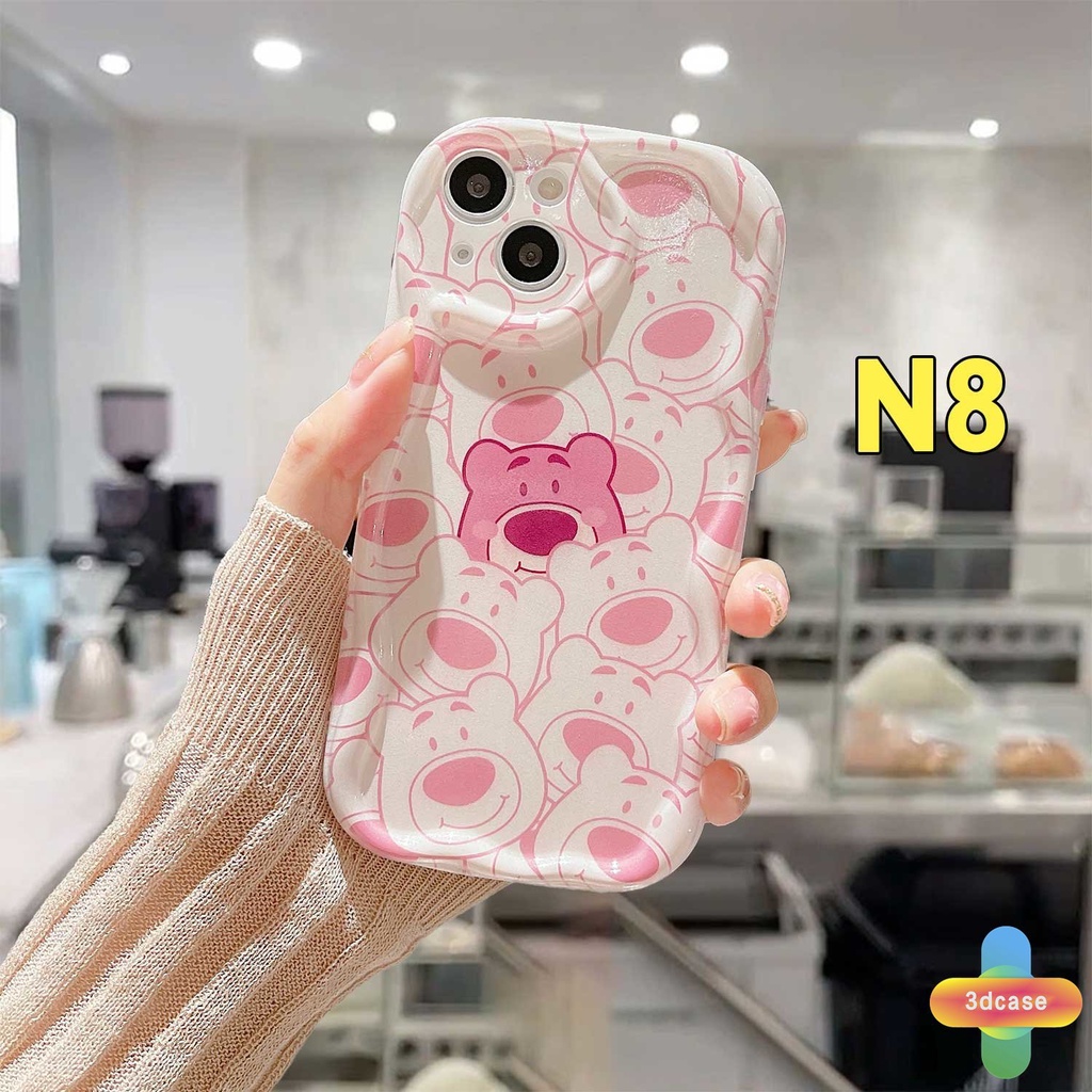 Casing Realme C35 C33 C30 C30S C55 C11 2021 C21Y C31 C15 C21 C25 C20 C3 C12 C2 C25S 10 5S 5 5i 9i C17 7i C1 C25Y C2 C3i 6i C20A  Narzo 20 10 10A 20A 30A 50i 50A  Kartun lotso Stripe Cute Manyo Strawberry Bear 3D Wavy Curved Edge Glossy Soft TPU Case