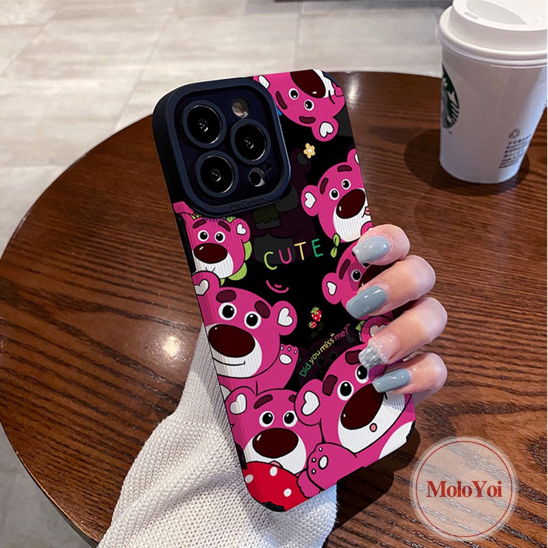 IPHONE Indah Mewah Tekstur Kulit Shockproof Phone Case Kompatibel Untuk Iphone12 Pro Max11 13 14 Plus XR X XS Max7 8 Plus Kartun Lucu Manyo Strawberry Bear Cover