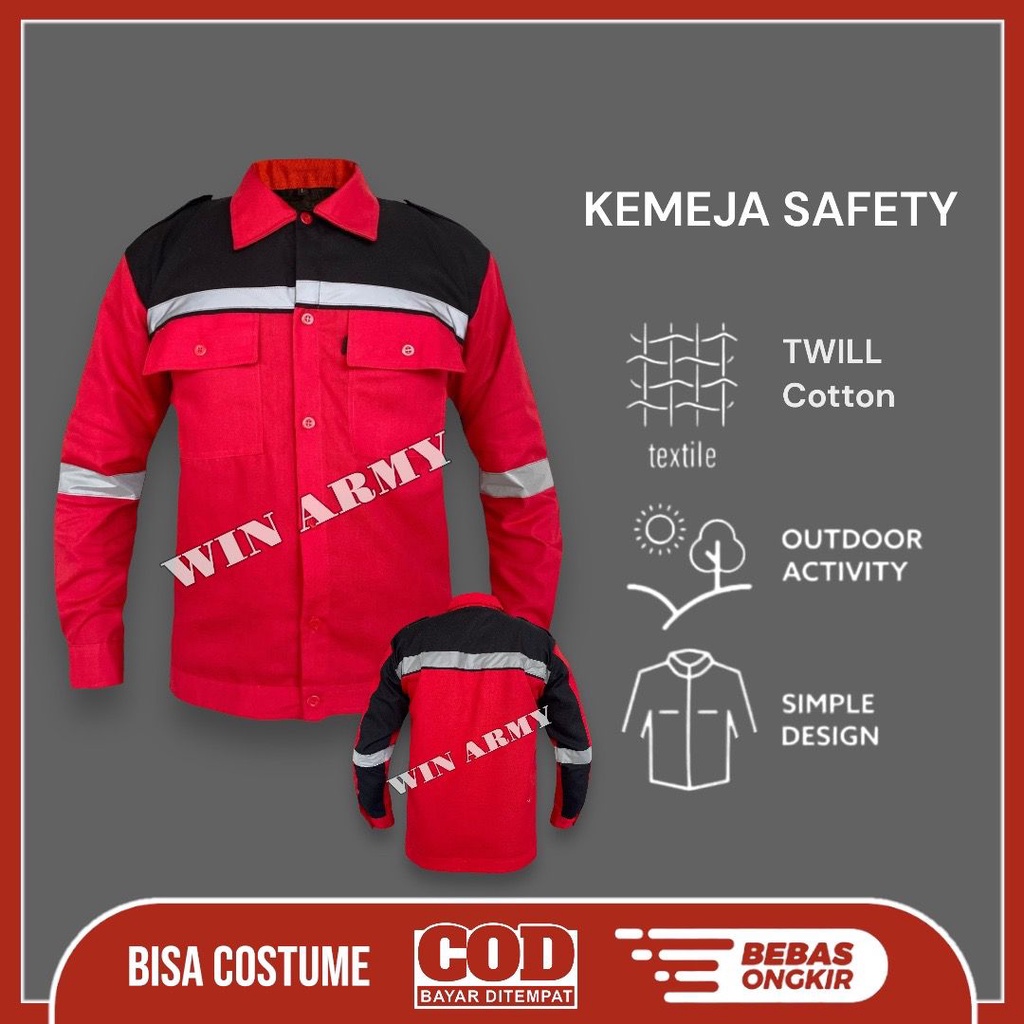 Baju Safety Panjang Kombinasi / Seragam Kerja / Kemeja Proyek Atasan Lengan Panjang / Atasan Kerja Panjang Wearpack Logo Safety Bendera