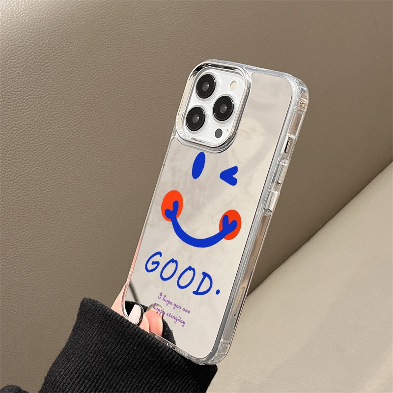 IPHONE Casing Ponsel Cermin Smile Biru Bagus Kompatibel Untuk Iphone11 12 13 14 12Pro 13Pro 14Pro Pro Max XR X XS Max Electroplating Tombol Perlindungan Mirror Cover