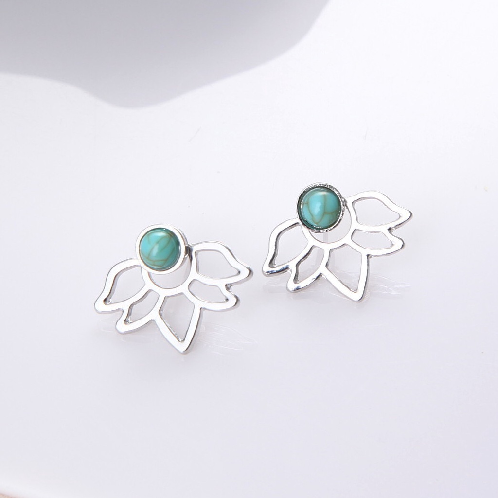 [FRA] Eropa Dan Amerika retro turquoise lotus petal Berongga Daun Anting earrings