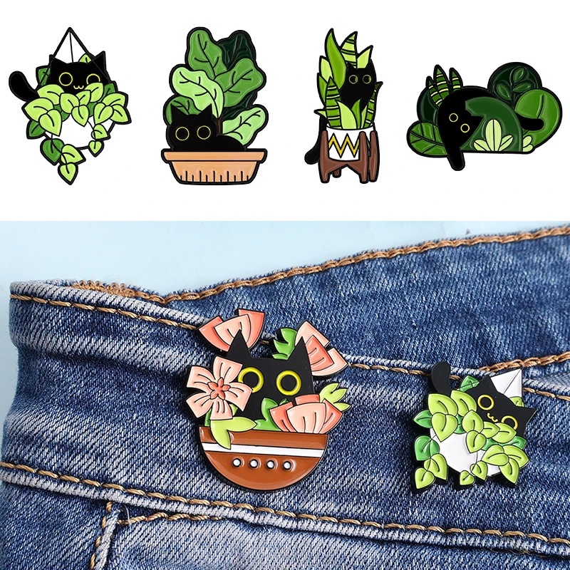 Menyenangkan Wanita Kartun Serbaguna Kucing Hitam Pot Tanaman Bros Teman Ransel Kawaii Brooch Pin Custom Anak Denim Kemeja Kerah Pakaian Jaket Perhiasan Hadiah Logam Enamel Pin Lucu