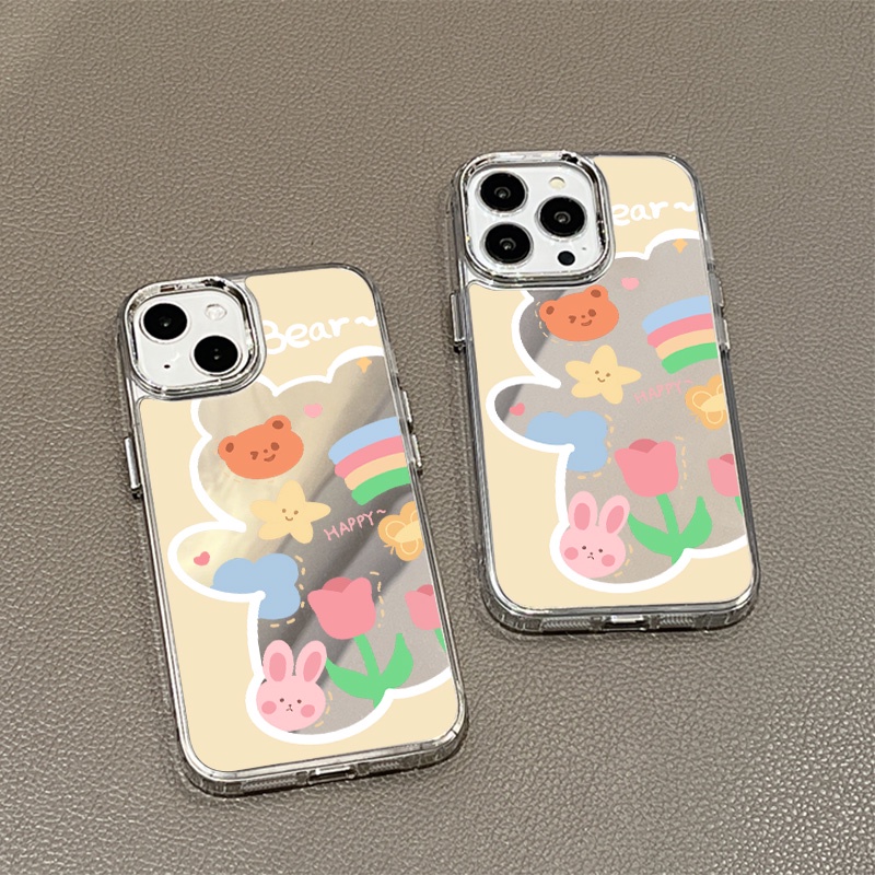 IPHONE Happy Bunny Bear Mirror Phone Case Kompatibel Untuk Iphone11 12 13 14 12Pro 13Pro 14Pro Pro Max XR X XS Max Electroplating Tombol Perlindungan Mirror Cover