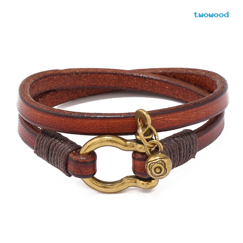 Twowood Eropa Dan Amerika Kreatif retro Dua Lingkaran Pria Gelang Kulit Sederhana Tapal Kuda Gesper Gelang