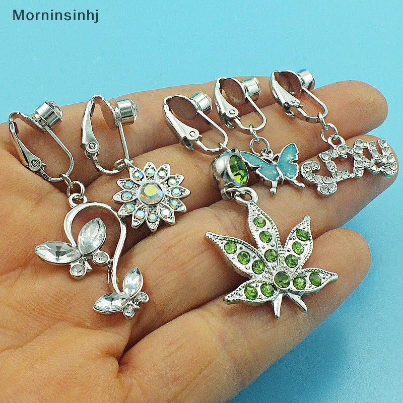 Mornin Cincin Pusar Palsu Zirkon Belly Button Clip On Wanita Ada Perhiasan Kupu-Kupu Daun Bulan Liontin Pusar Cincin Dekorasi Tubuh id