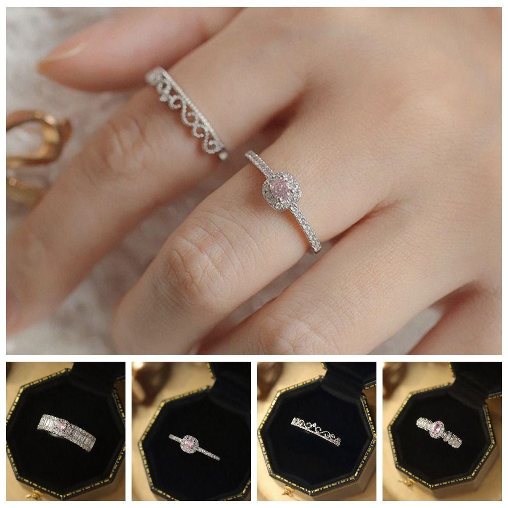 Mxbeauty Cincin Berlian Imitasi Fashion Perhiasan Halus Merah Muda Berlian Imitasi Tembaga Retro Adjustable Wanita Pembukaan Cincin Untuk Hadiah Gadis