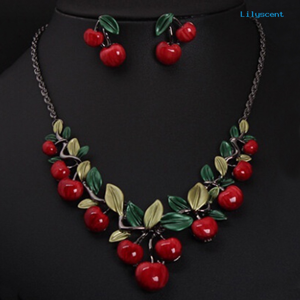 [LS]1 Set Perhiasan Buah Cherry Merah Vintage Set Chic Bridal Kalung Anting