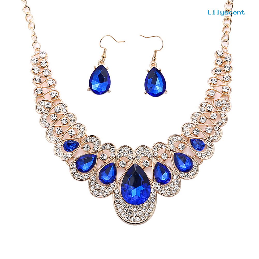 [LS]2Pcs/Set Teardrop Berlian Imitasi Statement Bib Kalung Anting Perhiasan Pengantin Hadiah