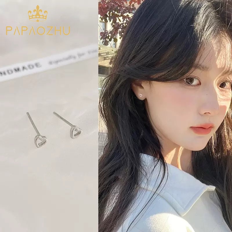 Papaozhu Hypoallergenic s925 Perak Lucu Jantung Kecil Stud Anting-Anting Untuk Wanita Gadis Mengambil Gratis Mini Berongga Hati Anting-Anting Perhiasan Hadiah