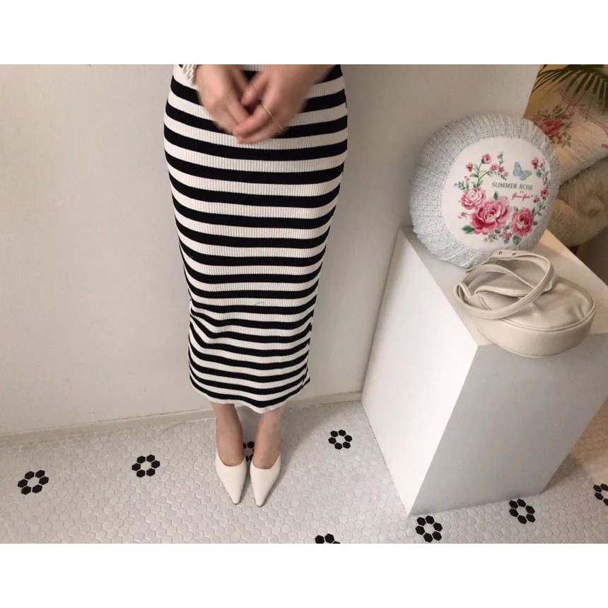 (R270) Rib midi skirt knit motif stripe 70cm / rok rajut midi garis