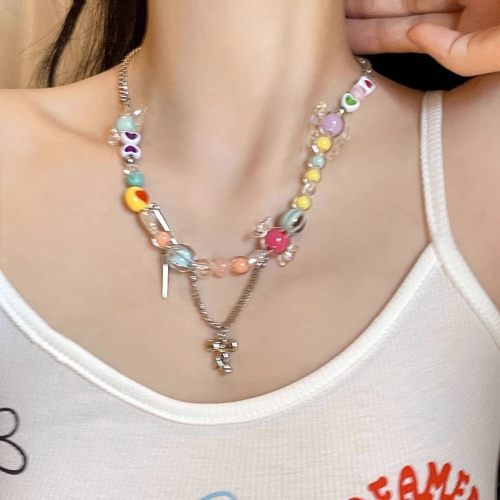 Permen Warna Cinta Kalung Elastis Korea Selatan Manis Kecil Segar Gelang Kerah Rantai Gadis Lucu Hati Temperamen Kalung Perhiasan Gadis Seksi