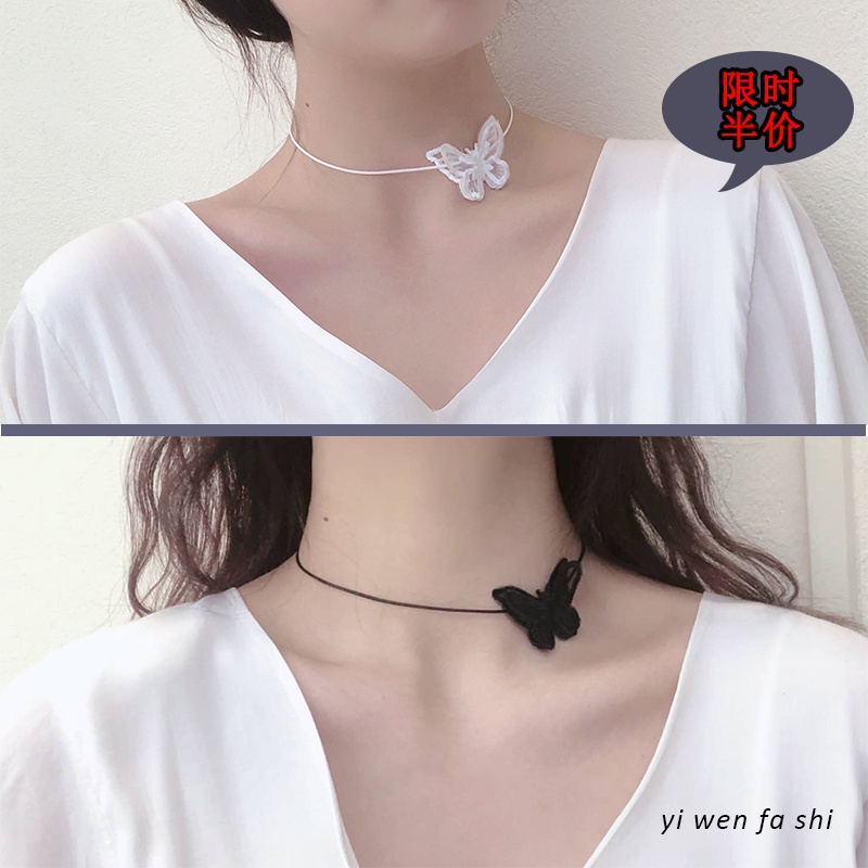 Kalung Kupu-Kupu Renda Hitam Rantai Klavikula Perempuan Gaya Baru Kalung Kerah Influencer Produk Leher Pita Leher