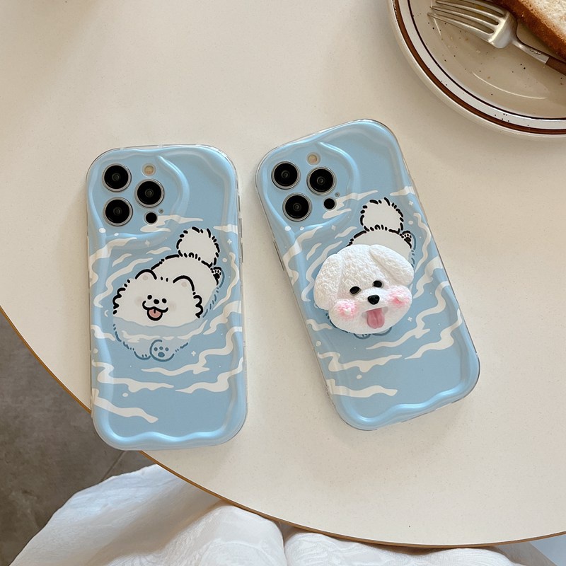 Cream Casing Swimming Dog Popsocket Soft Case HP iP iPhone 6 6S 7 8 14 + Plus SE 2020 2022 X XS XR 11 12 13 Pro Max Girl Woman