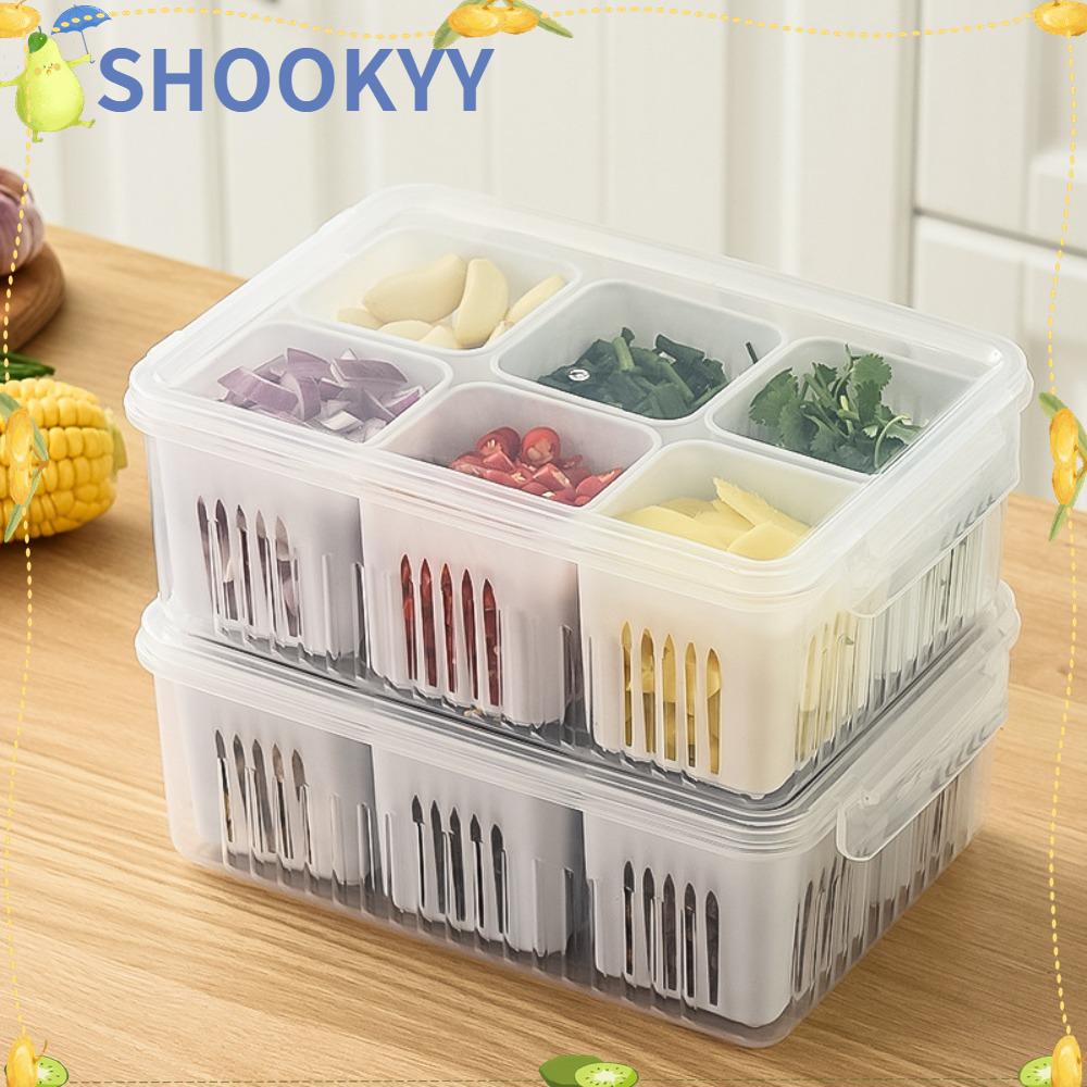 CHOOKYY Garlic Fresh-keeping Box Double-layer Six Grids Transparan Kulkas Freezer Organizers Drain Storage Box Dapur Gadget Kotak Sayur Dengan Penutup