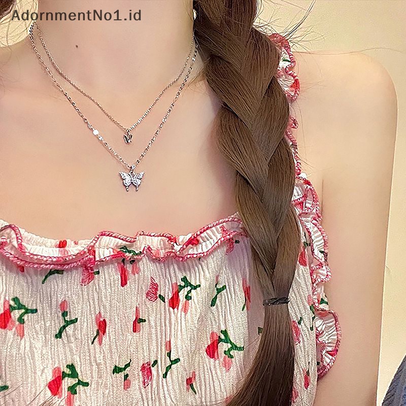 [AdornmentNo1] Fashion kalung kupu mengkilap wanita Exquisite rantai klavikula lapisan ganda rantai leher keren untuk hadiah perhiasan wanita