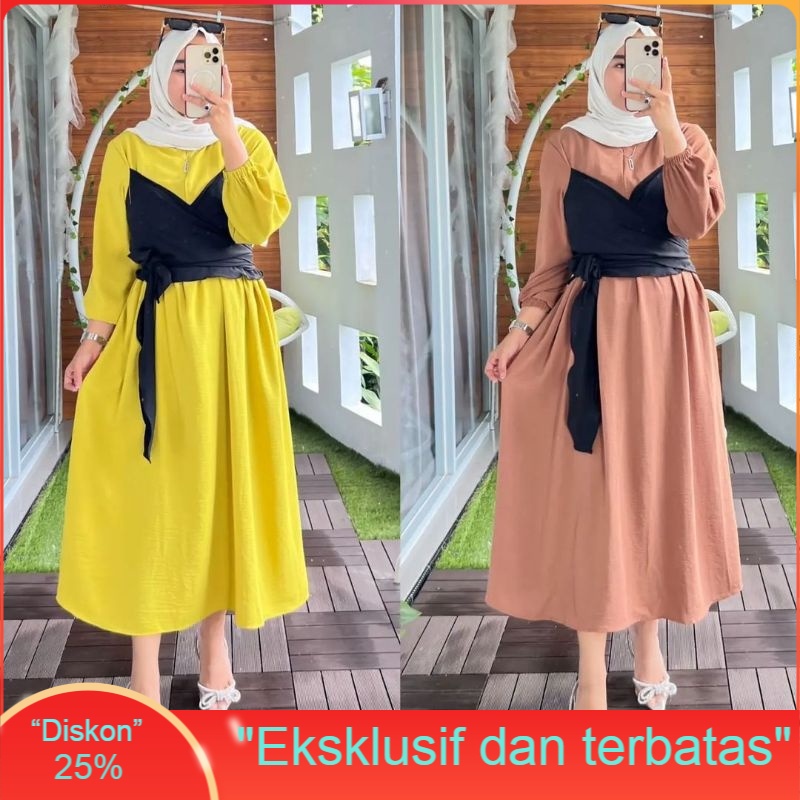 Lesty Mididres Baju Dress Wanita Dewasa Midi Dres Kekinian Gamis Modern Minidress Crincle Busui Ootd