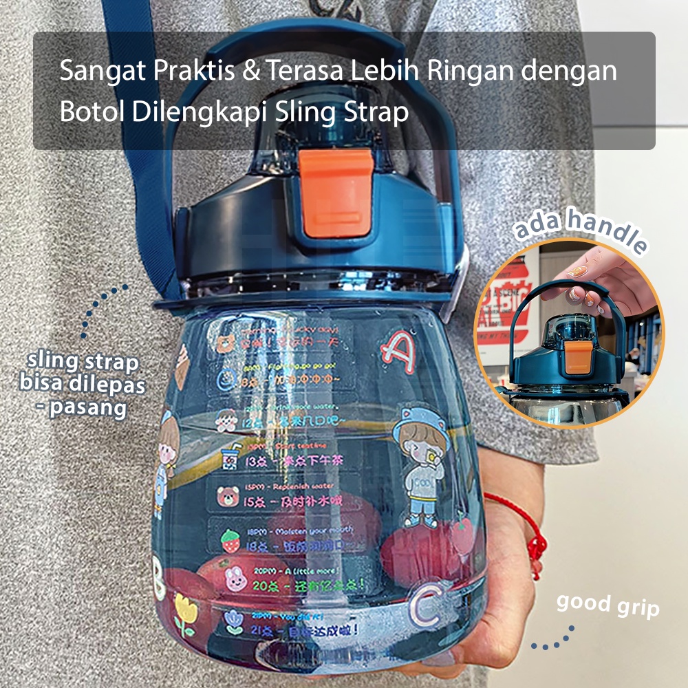 HUGO Botol Minum Anak Bening 1300 ml Botol Air Minum Sekolah Kantor Serbaguna dengan Sedotan dan Tali Strap