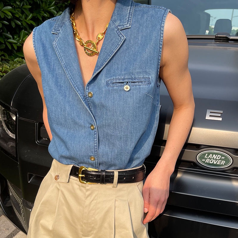 Rompi Denim Vintage Wanita Atasan Tanpa Lengan Kancing Seksi