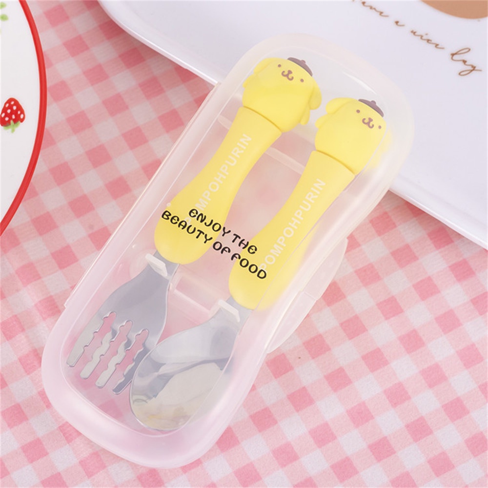 ღ Sanrio Stainless Steel Peralatan Makan Kulomi Hello Kitty Sendok Garpu Set Dua Potong Pemodelan Kecil Putih Silikon Pegangan Halus untuk Hadiah Aksesoris Dapur