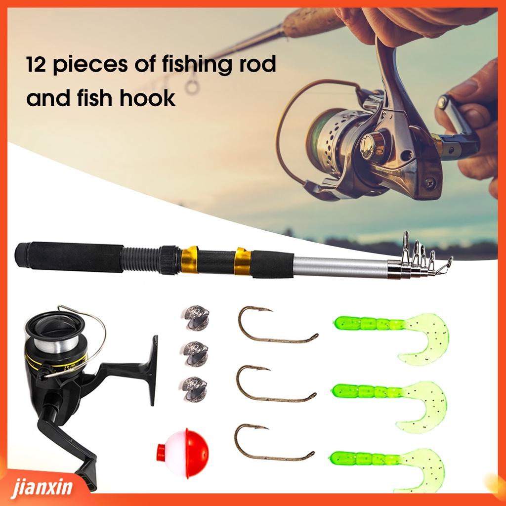 (In Stock) 12Pcs /Set Alat Pancing Tahan Aus Lengkap Compact Portable Fishing Rod Lures Spincast Reel Combo Fishing Tackle