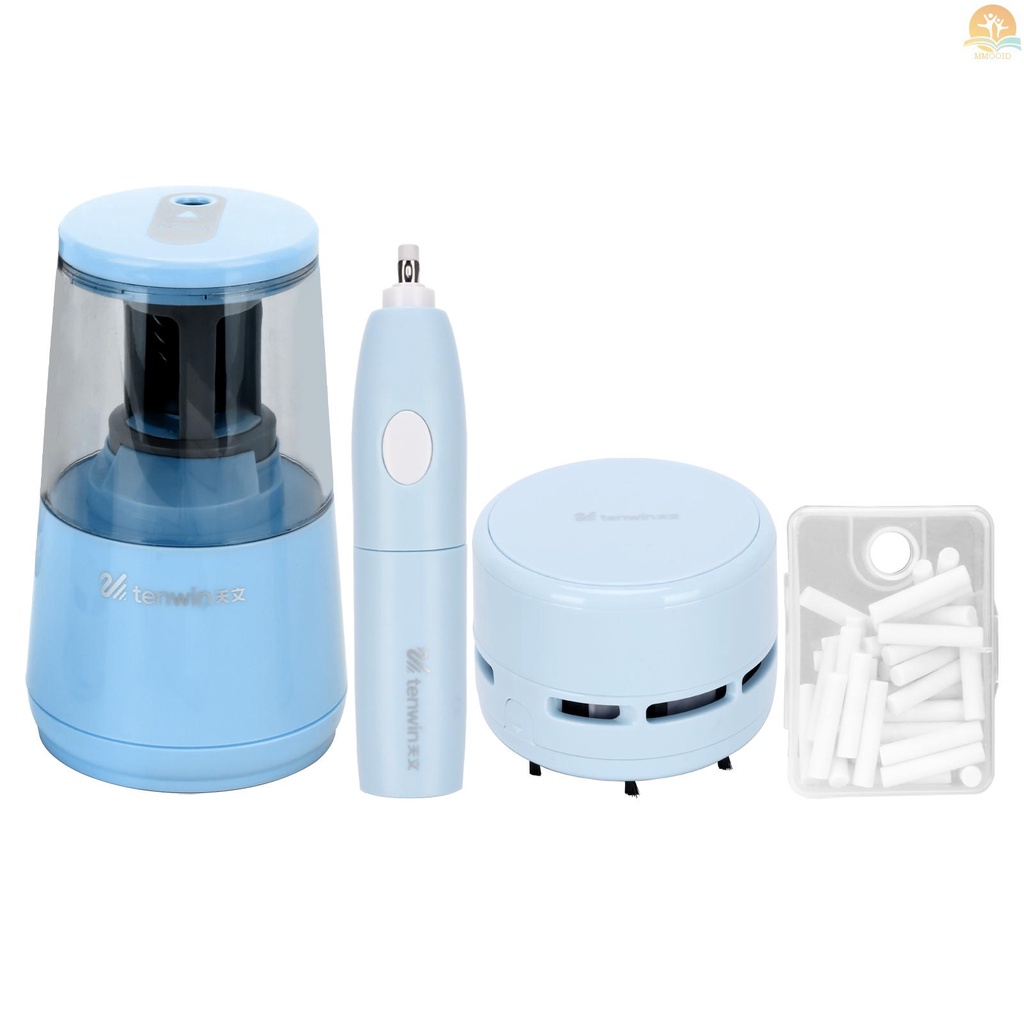 In Stock tenwin Electric Pencil Sharpener Eraser Vacuum Cleaner Set Alat Tulis Set Kabel Listrik/ Baterai Dioperasikan Dengan 50penghapus Isi Ulang Untuk Anak Dewasa Rumah Kantor Sekolah Kelas