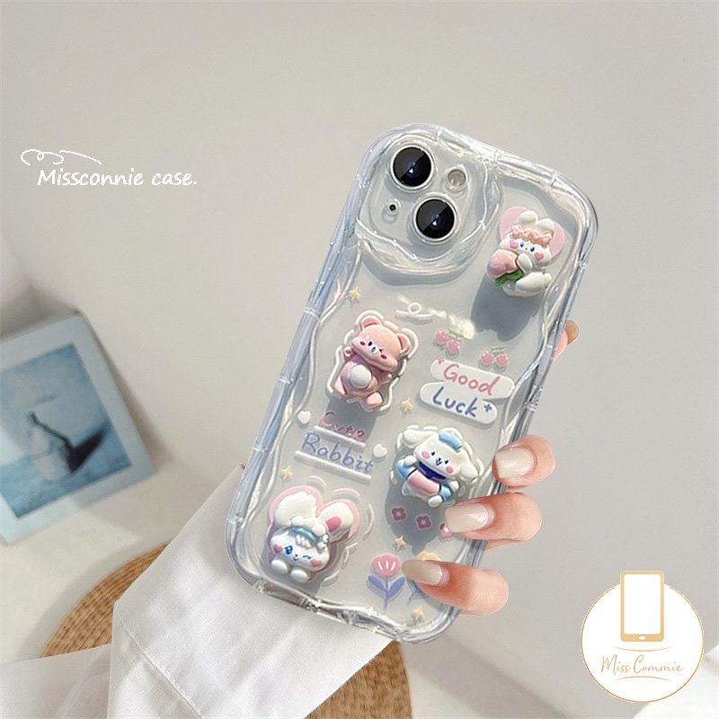 Case Boneka Beruang Kelinci Kartun 3D Lucu Kompatibel Untuk IPhone XR 7Plus 14 11 12 13 Pro Max 6 7 6s 8 Plus X XS Max Se2020 8Plus DIY Love Heart 3D Bergelombang Melengkung Penutup Tepi