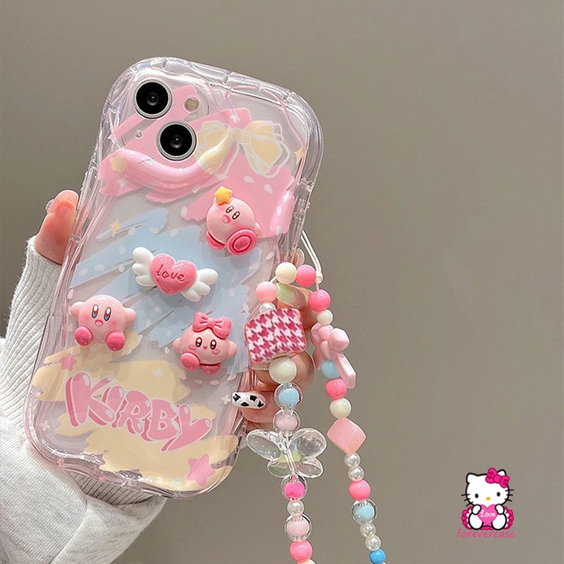 Kartun Lucu Kirby Boneka Case Untuk Redmi 9C NFC A1 10A 10C 9T 9A 9 10 A2 Redmi Note11 12 10s 8 9 11s 10 Pro Max POCO M3 Lanyard 3D Wavy Curved Edge Case Dengan Gelang