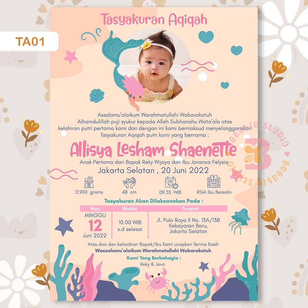 Undangan Aqiqah Digital Tema TA01 Mermaid Orange Softfile | BeeableStudio