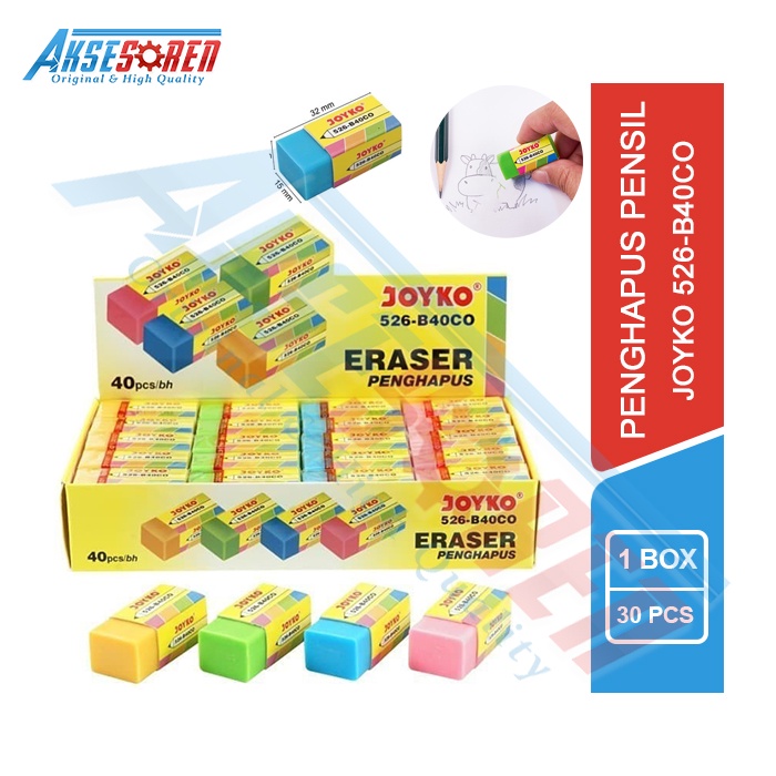 

Penghapus Pensil Joyko Kecil 526-B40CO [1 Box/40 Pcs] / Eraser Pencil Joyko 1 Pack / Stip Pinsil Warna Warni Joyko 1 Pak