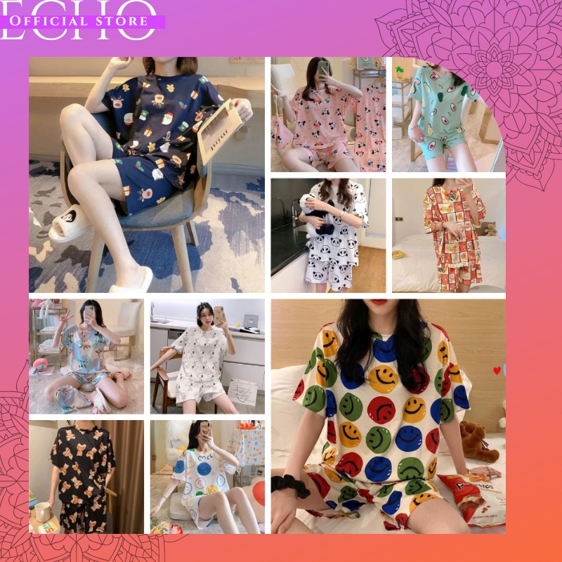 ECHO B30 - PAKAIAN WANITA BAJU TIDUR WANITA PIYAMA SET LENGAN PENDEK CELANA PENDEK MOTIF KARTUN LUCU