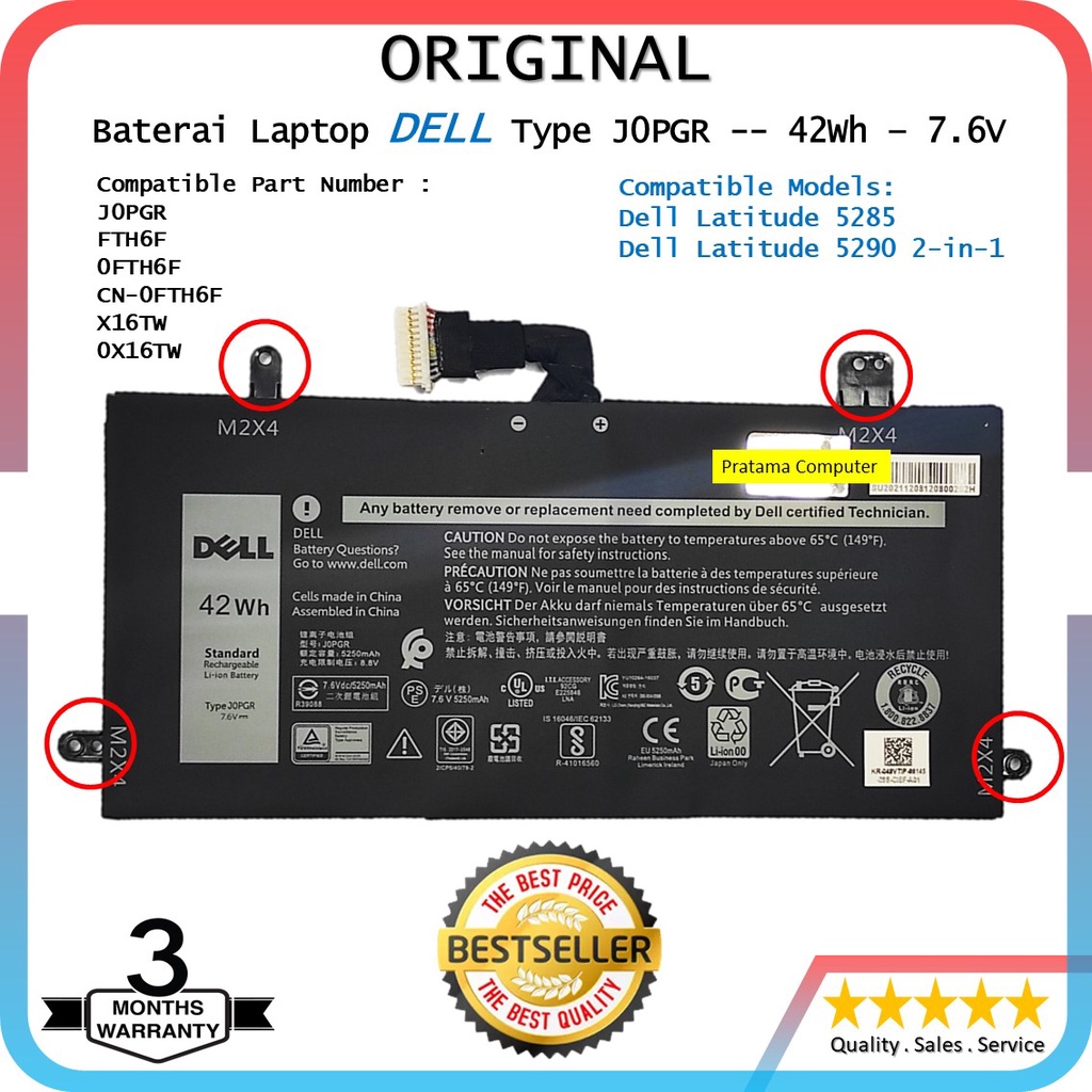 Baterai Laptop Dell Latitude 12 5285 5290 2-in-1 JOPGR 42Wh Original