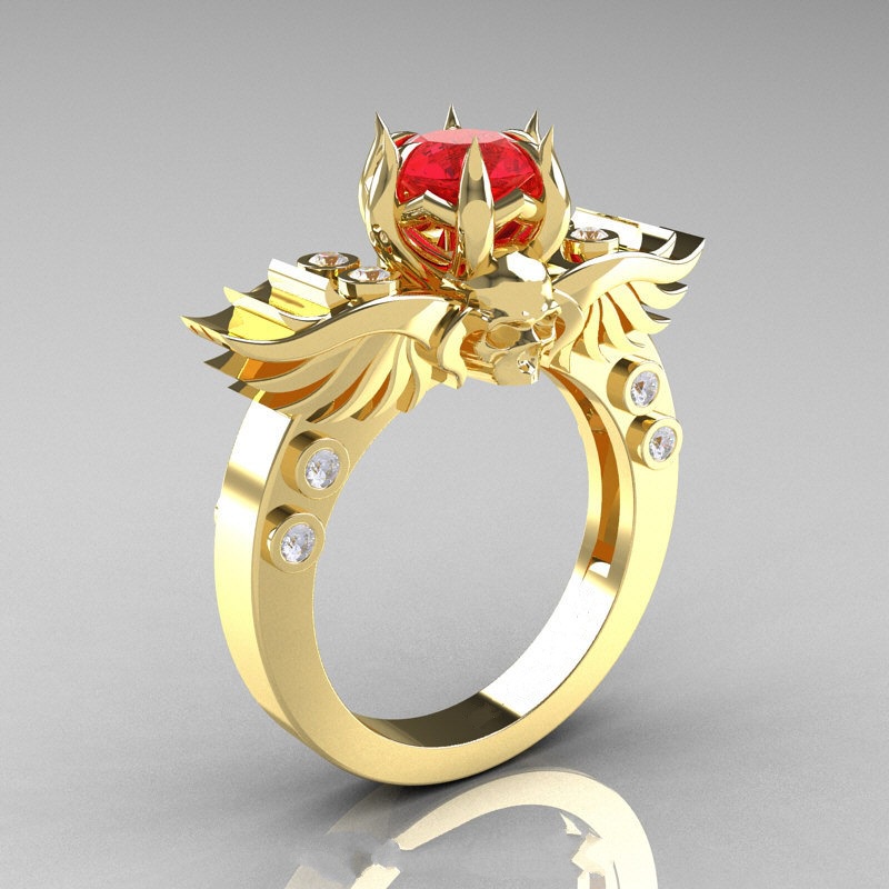 Goldkingdom Aksesoris Perhiasan Fashion Ready Stock Cincin Tengkorak Berlapis Dengan Cincin Permata Emas Dan Merah Perhiasan Gaya Punk.